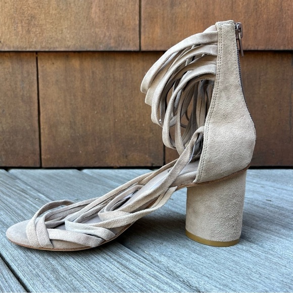 Jeffrey Campbell Despina Gray Taupe Suede Strappy Tassel Block Heels Size 6 - Picture 4 of 16